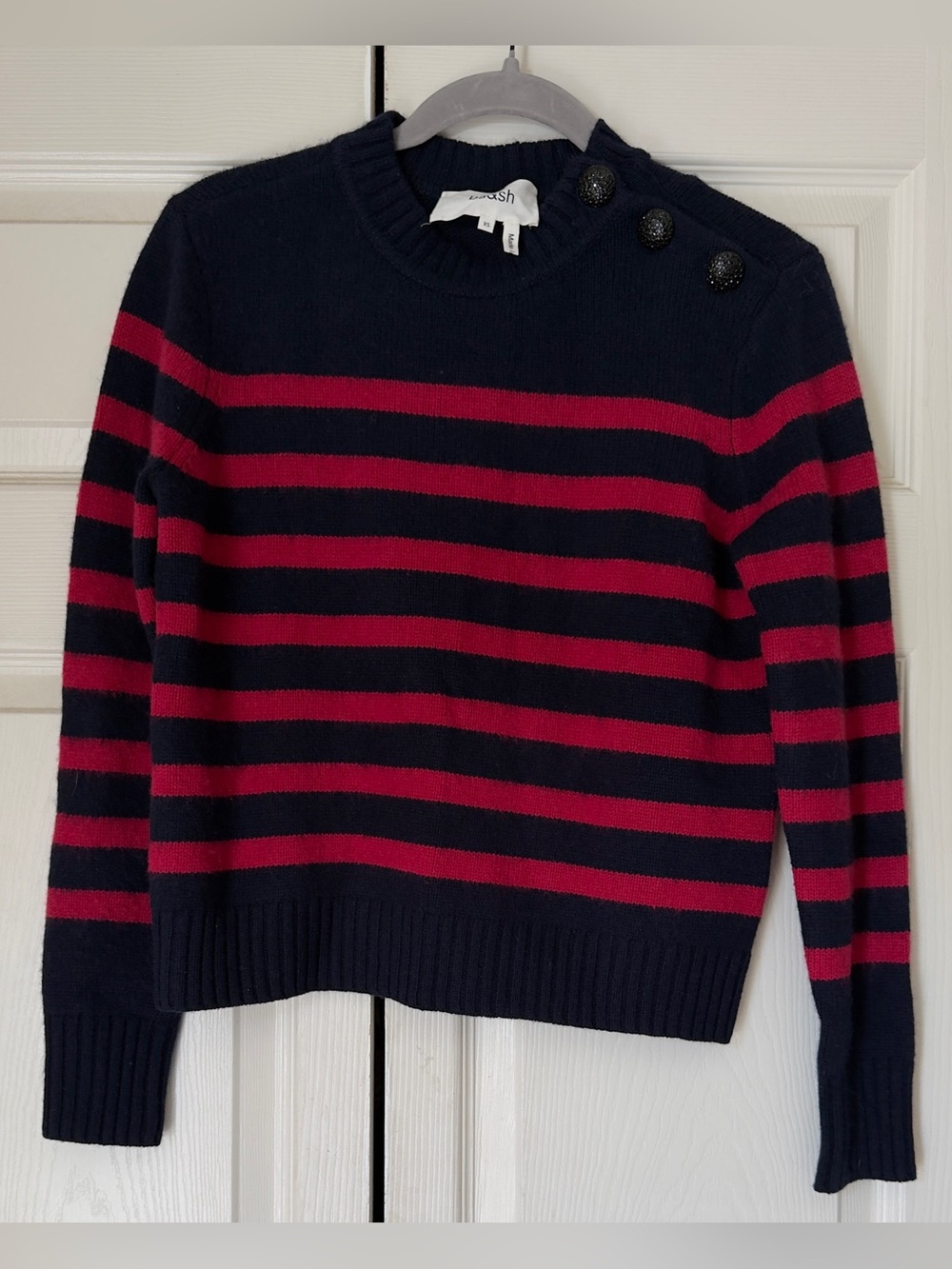 ba&sh Wool Navy and Red Striped Crewneck Sweater with Shoulder Buttons